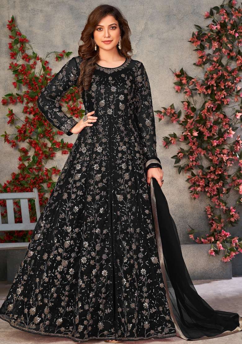 Black Embroidery Net Anarkali set - Indya