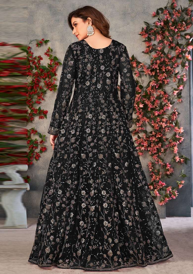 Black Embroidery Net Anarkali set - Indya