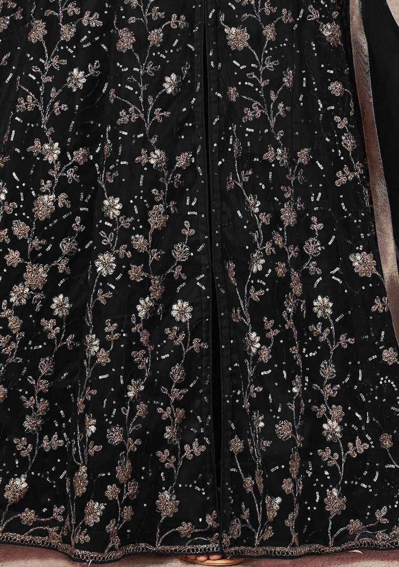 Black Embroidery Net Anarkali set - Indya