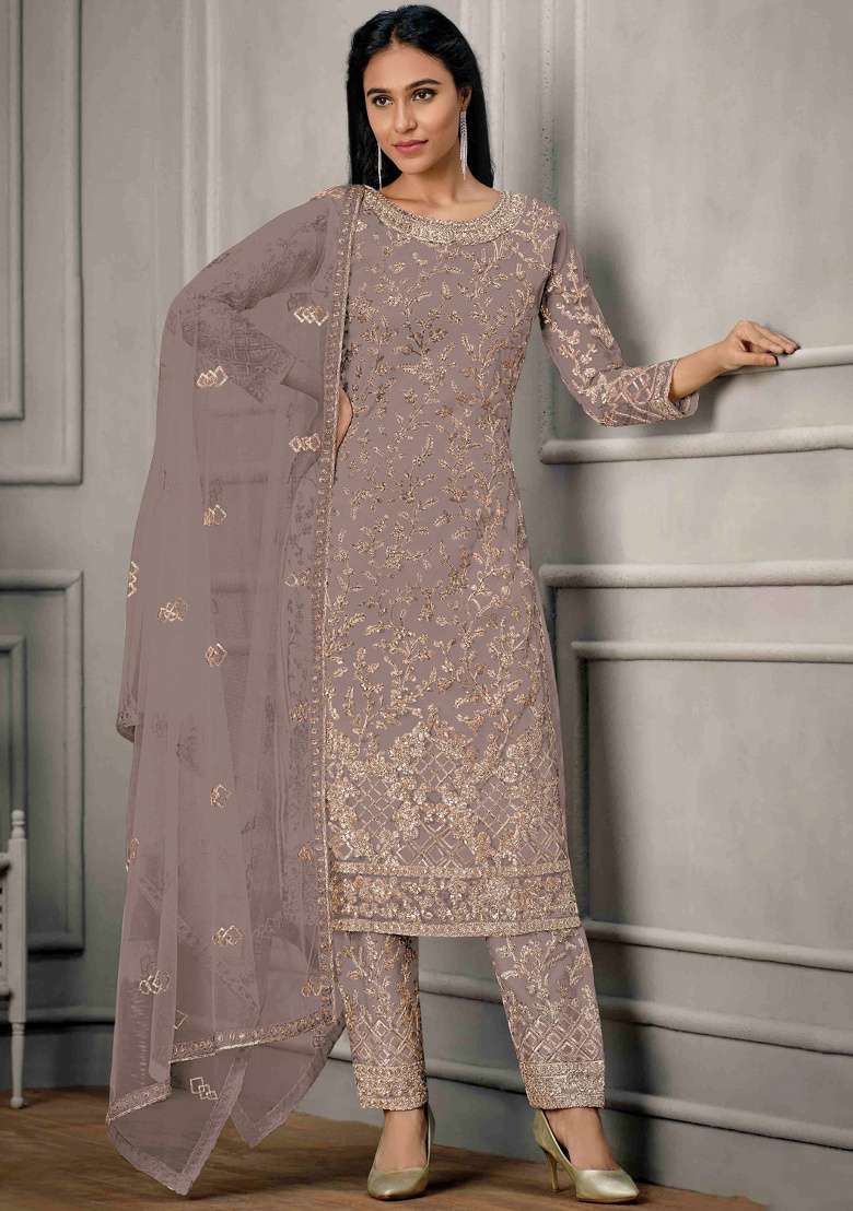 Purple Embroidery Net Salwar Kameez - Indya