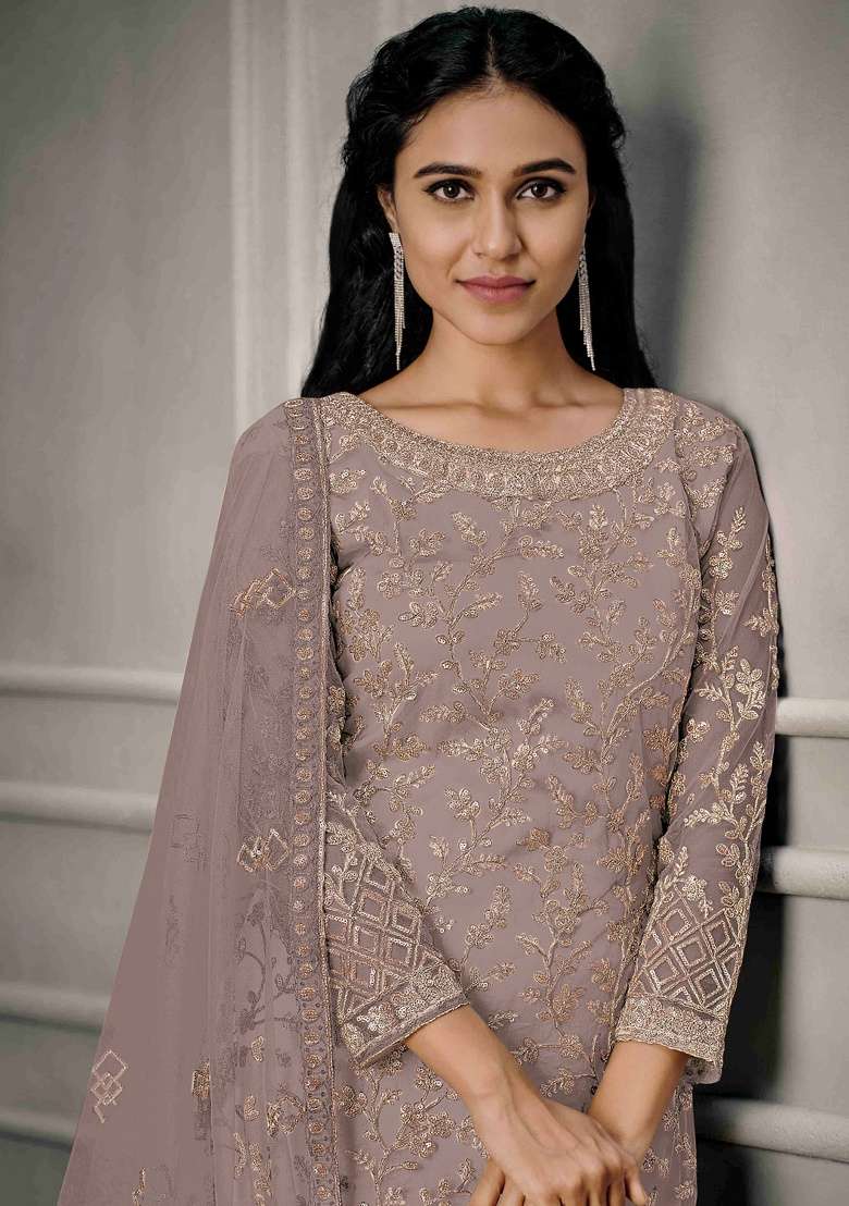Purple Embroidery Net Salwar Kameez - Indya
