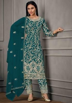 Teal Blue Embroidery Net Salwar Kameez