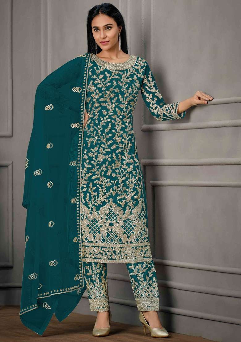 Teal Blue Embroidery Net Salwar Kameez - Indya