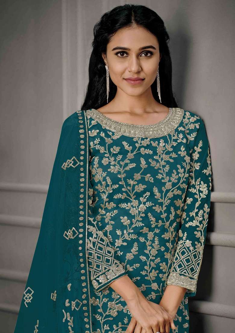 Teal Blue Embroidery Net Salwar Kameez - Indya