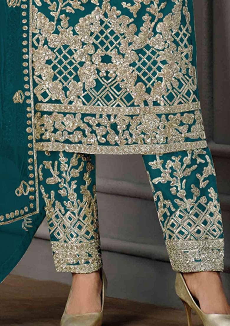 Teal Blue Embroidery Net Salwar Kameez - Indya