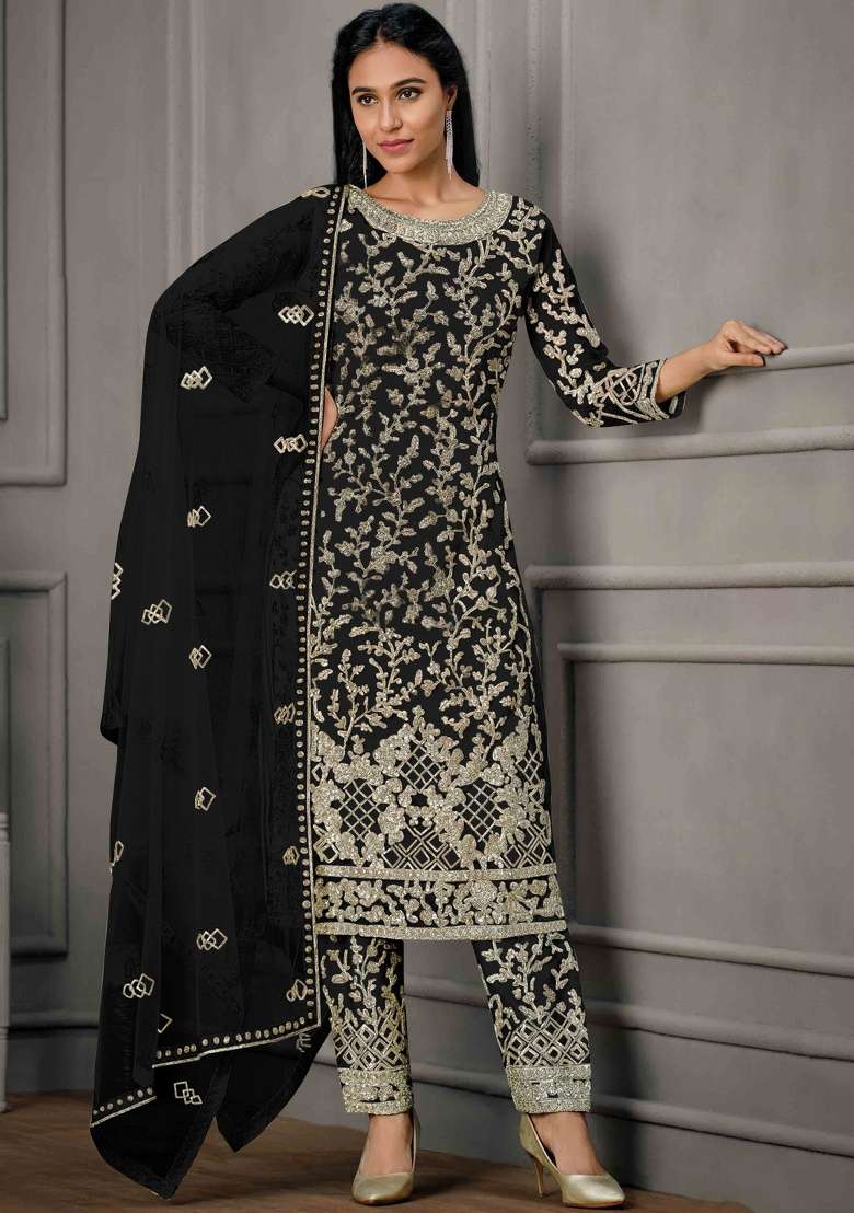 Black Embroidery Net Salwar Kameez - Indya
