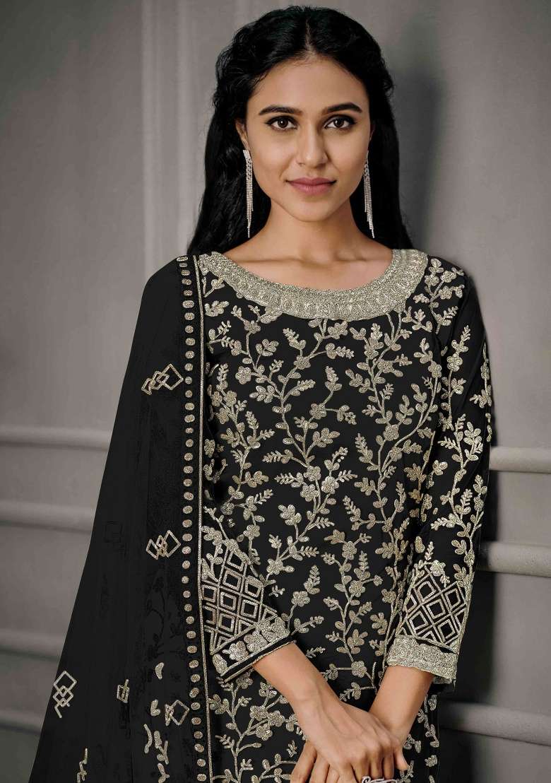 Black Embroidery Net Salwar Kameez - Indya