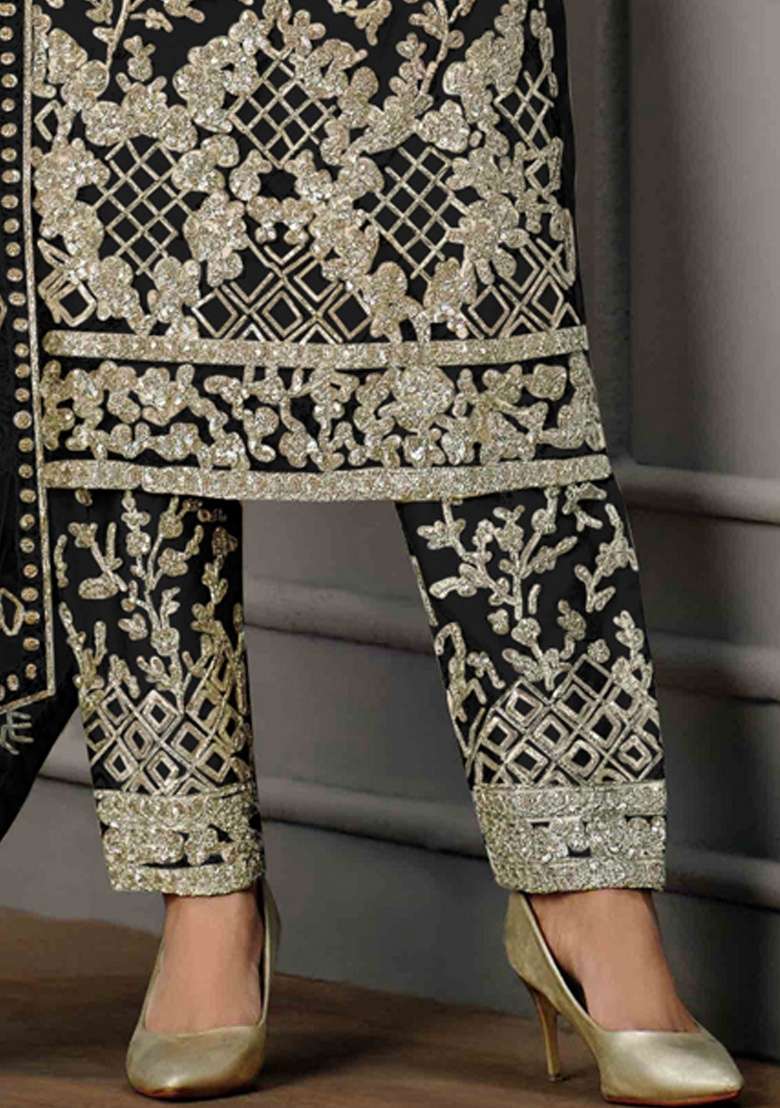 Black Embroidery Net Salwar Kameez - Indya