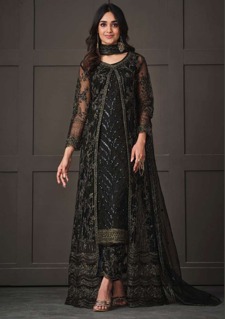 Black Embroidery Net Salwar Kameez - Indya