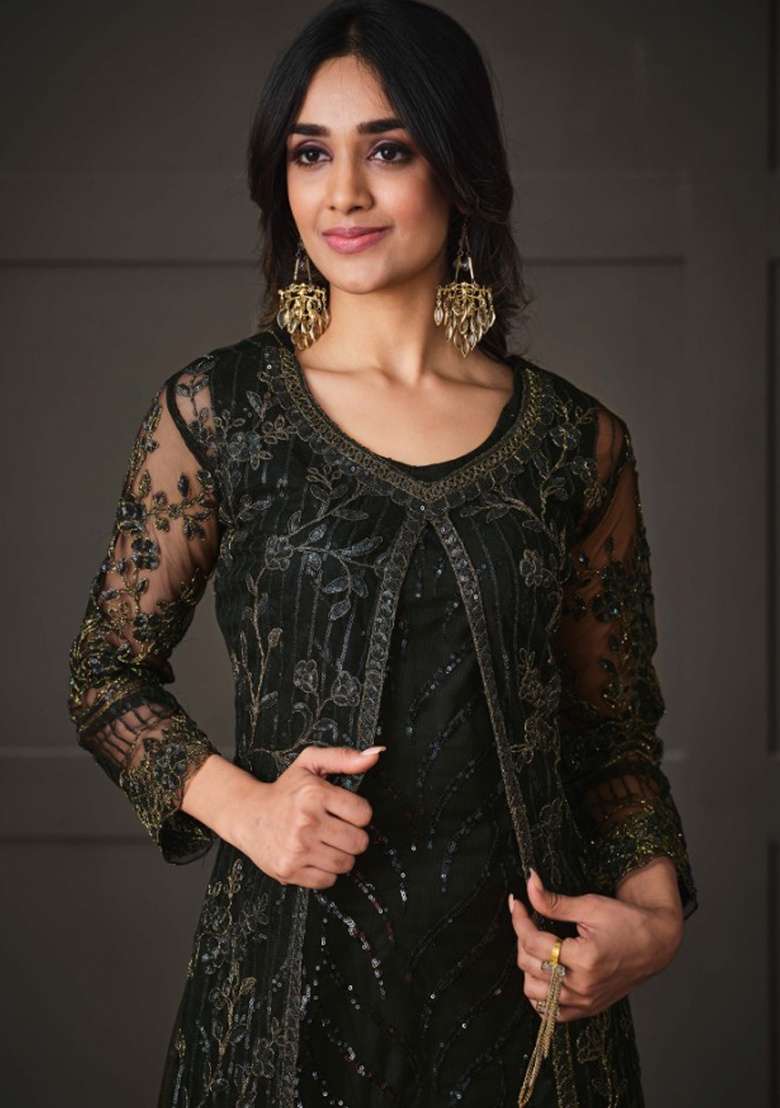 Black Embroidery Net Salwar Kameez - Indya