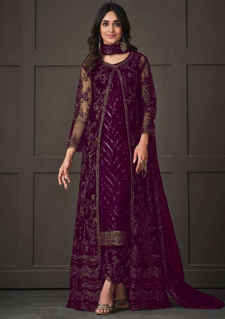 Purple Embroidery Net Salwar Kameez - Indya