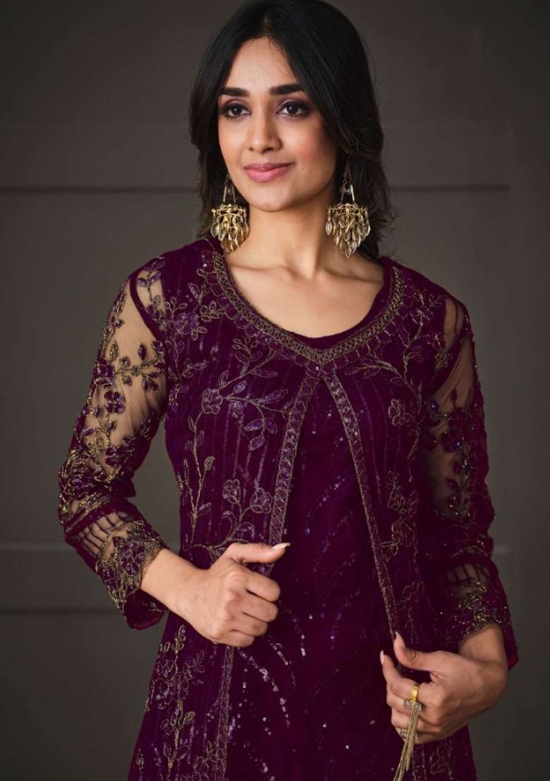 Purple Embroidery Net Salwar Kameez - Indya