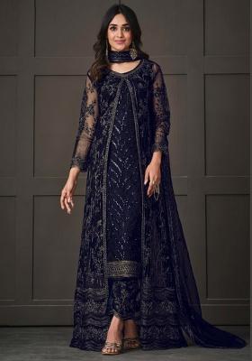 Navy Blue Embroidery Net Salwar Kameez