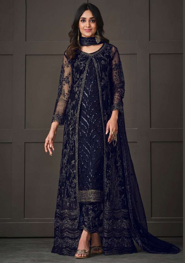 Navy Blue Embroidery Net Salwar Kameez - Indya