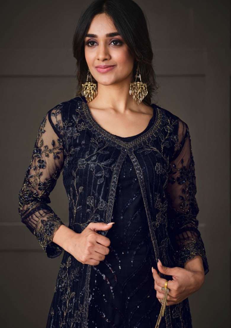 Navy Blue Embroidery Net Salwar Kameez - Indya