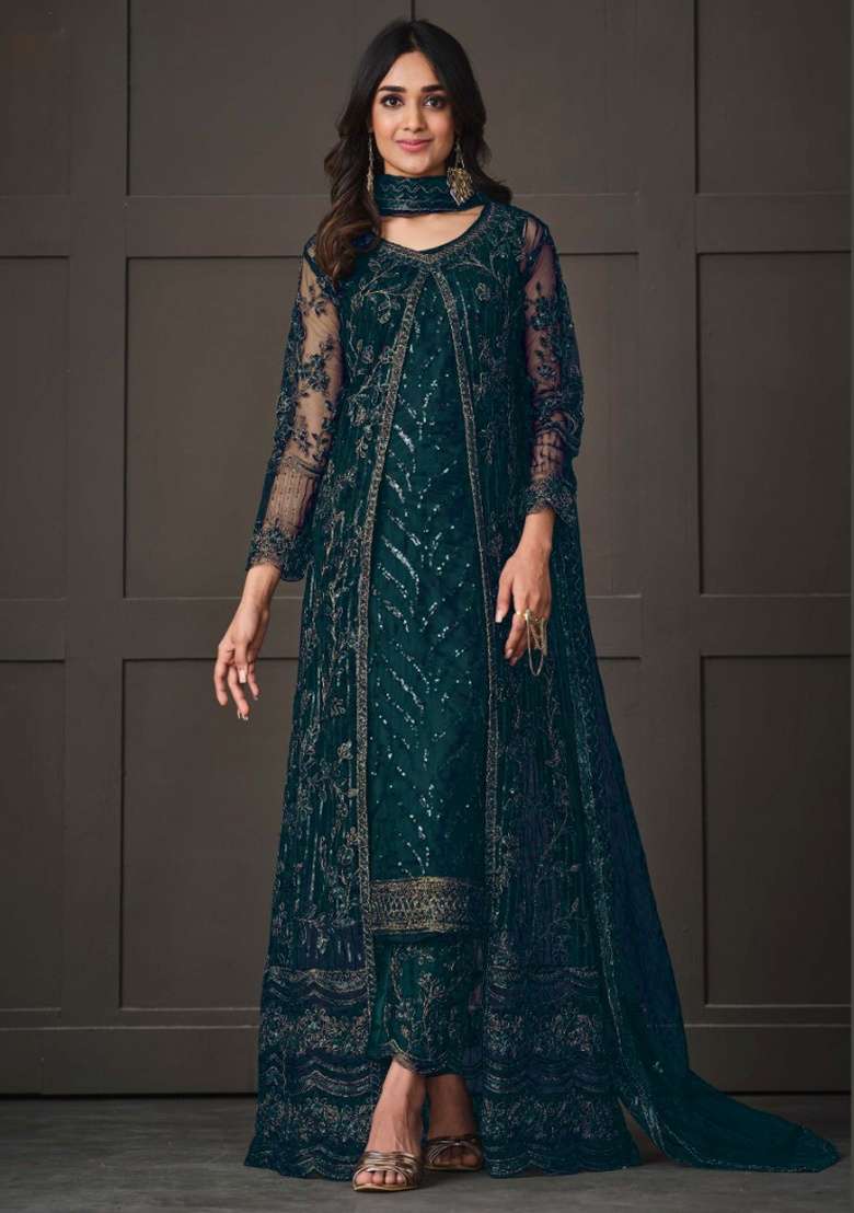 Green Embroidery Net Salwar Kameez - Indya