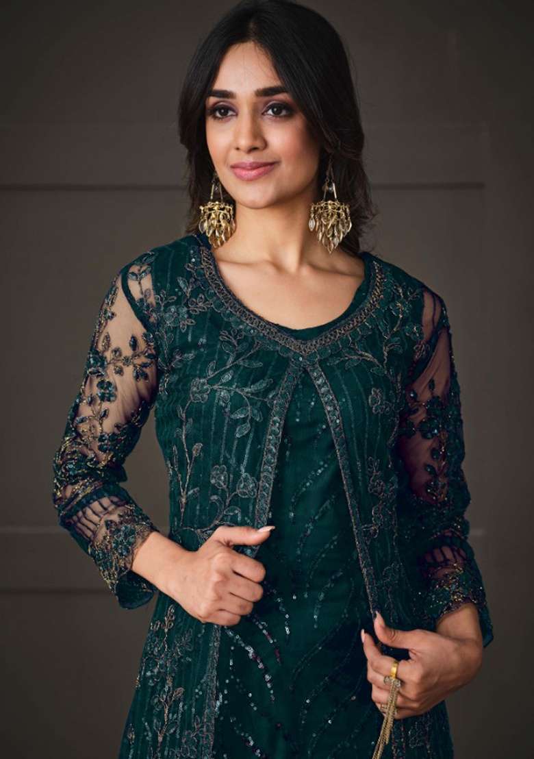Green Embroidery Net Salwar Kameez - Indya