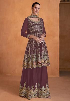 Purple Embroidery Faux Georgette Palazzo Set