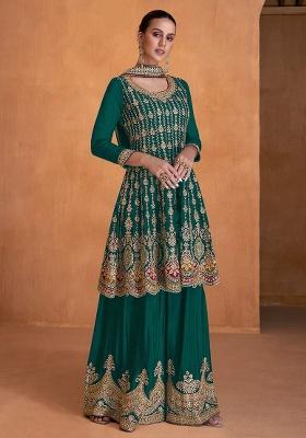 Green Embroidery Faux Georgette Palazzo Set
