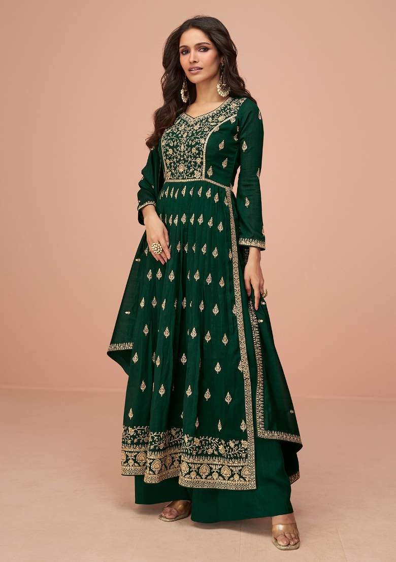 Green Embroidery Vichitra Silk Kurta Set - Indya