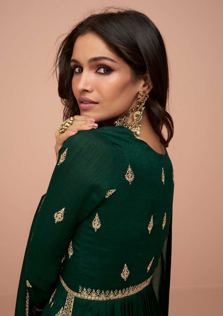 Green Embroidery Vichitra Silk Kurta Set - Indya