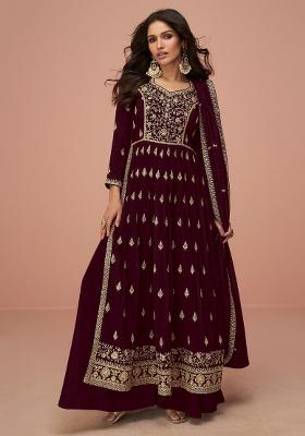 Maroon Embroidery Vichitra Silk Kurta Set