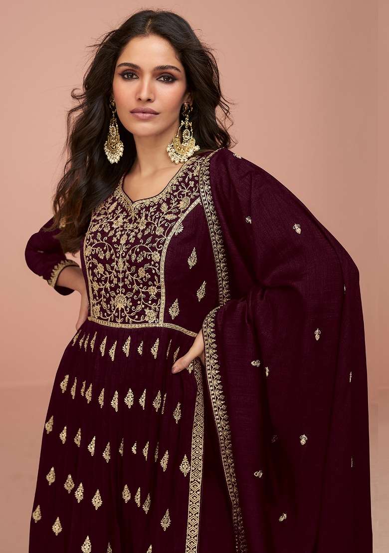 Maroon Embroidery Vichitra Silk Kurta Set - Indya