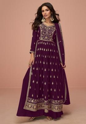 Wine Embroidery Vichitra Silk Kurta Set