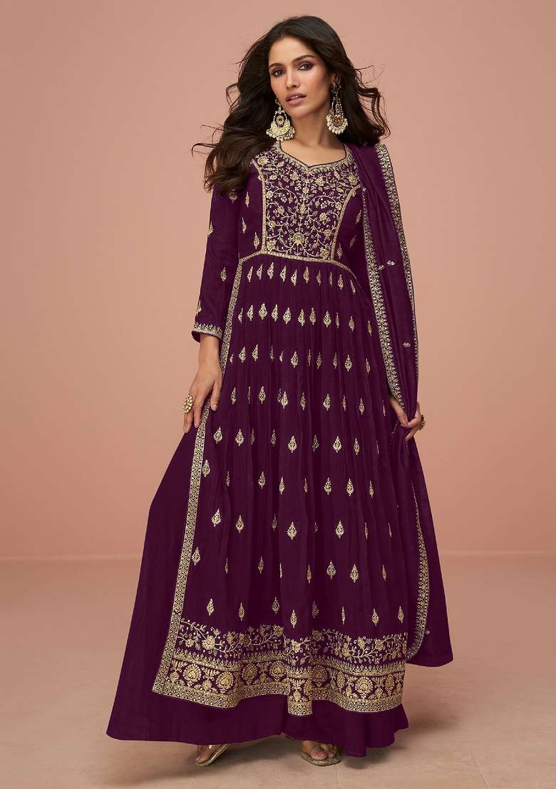 Wine Embroidery Vichitra Silk Kurta Set - Indya