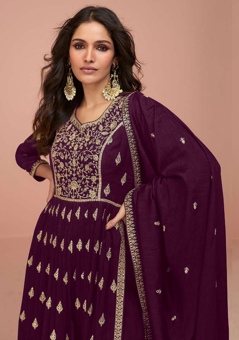 Wine Embroidery Vichitra Silk Kurta Set - Indya