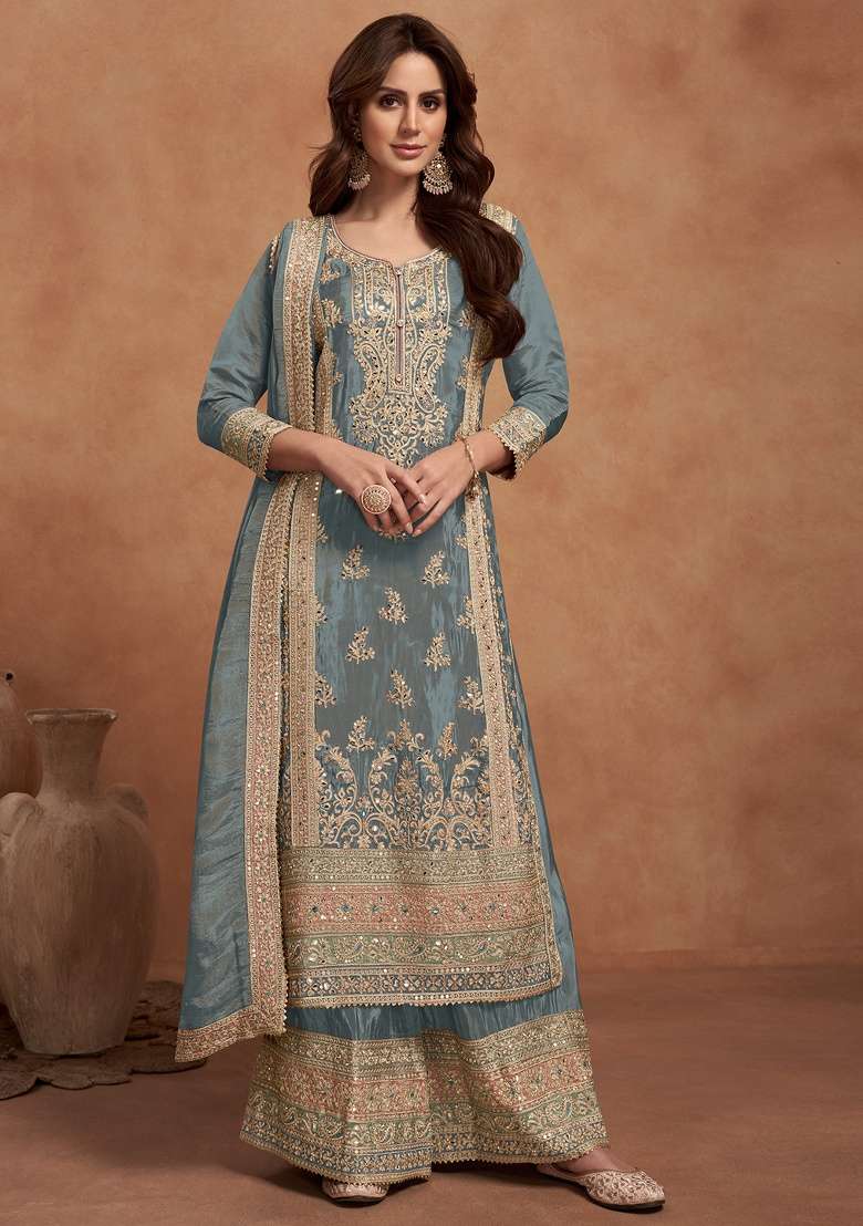 Grey Embroidery Silk Palazzo Set - Indya