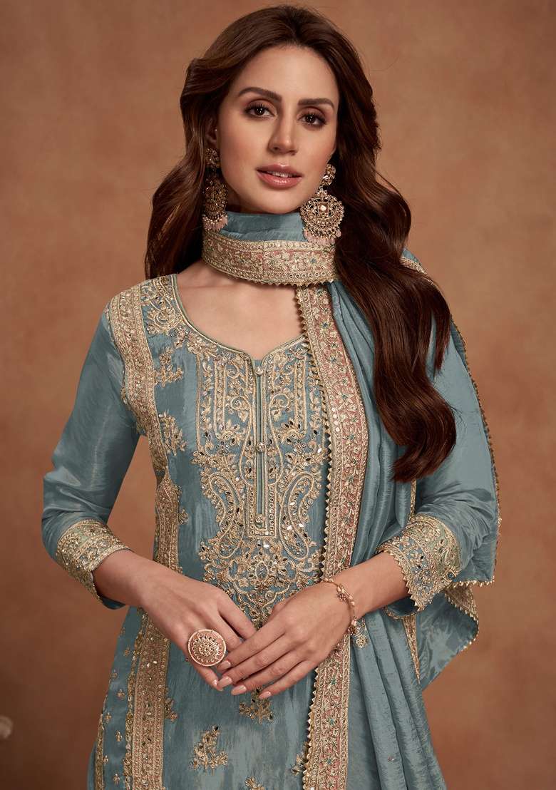 Grey Embroidery Silk Palazzo Set - Indya