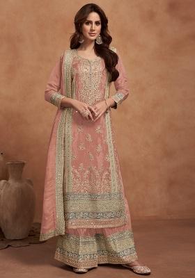 Peach Embroidery Silk Palazzo Set