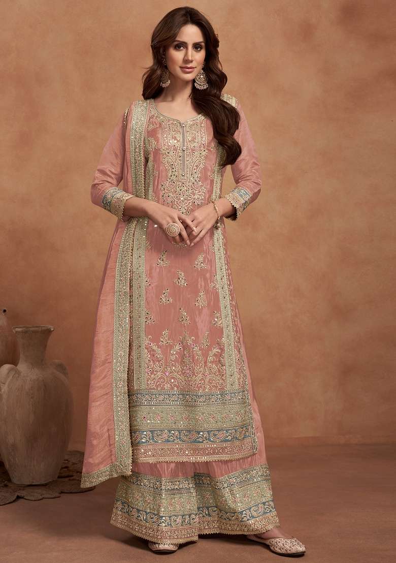Peach Embroidery Silk Palazzo Set - Indya