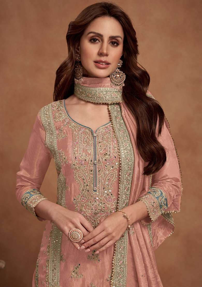 Peach Embroidery Silk Palazzo Set - Indya
