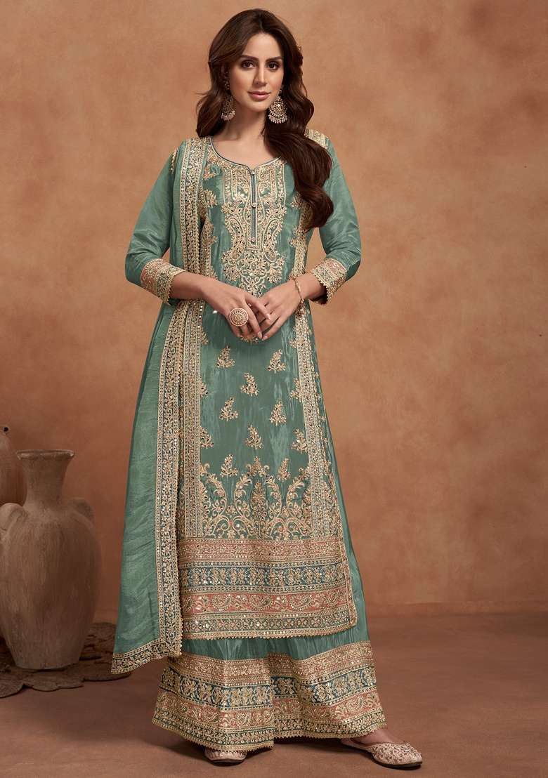 Green Embroidery Silk Palazzo Set - Indya
