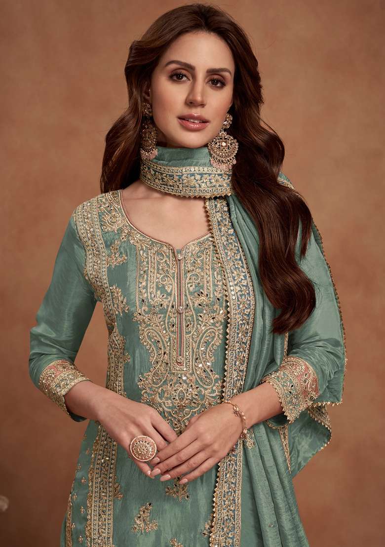 Green Embroidery Silk Palazzo Set - Indya