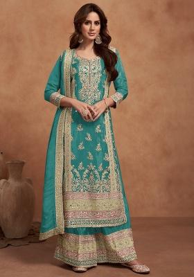 Teal Blue Embroidery Silk Palazzo Set