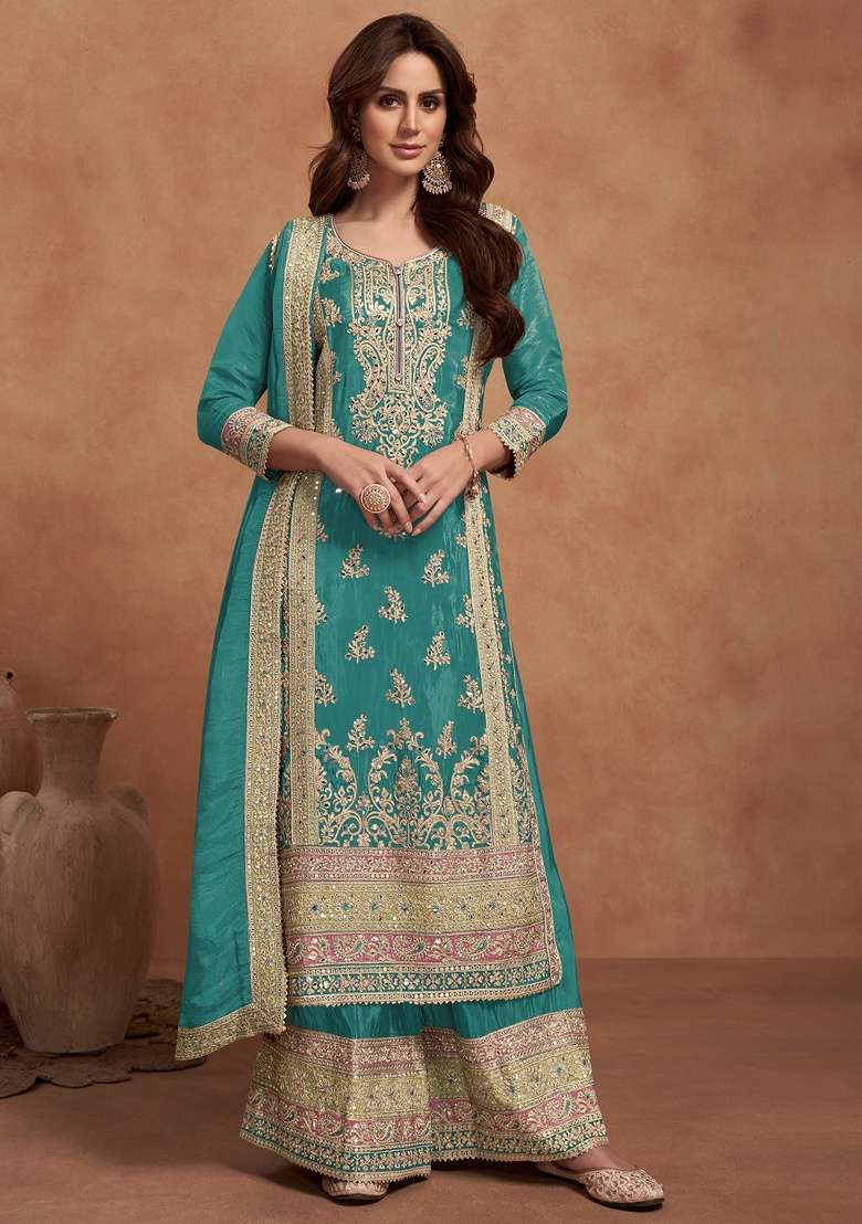 Teal Blue Embroidery Silk Palazzo Set - Indya