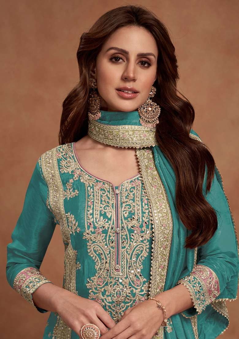 Teal Blue Embroidery Silk Palazzo Set - Indya