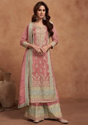 Dark Peach Embroidery Silk Palazzo Set