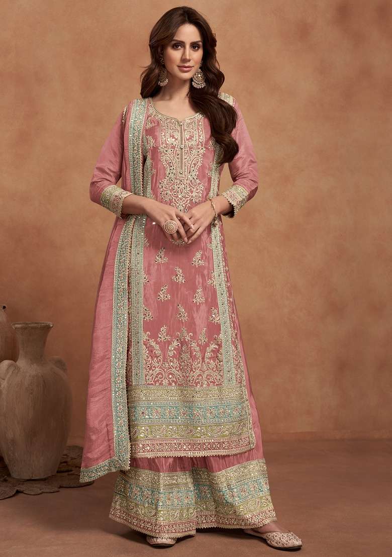 Dark Peach Embroidery Silk Palazzo Set - Indya