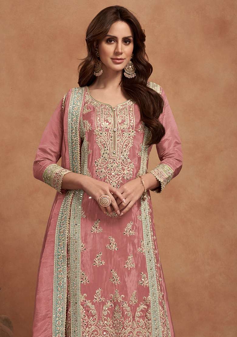 Dark Peach Embroidery Silk Palazzo Set - Indya
