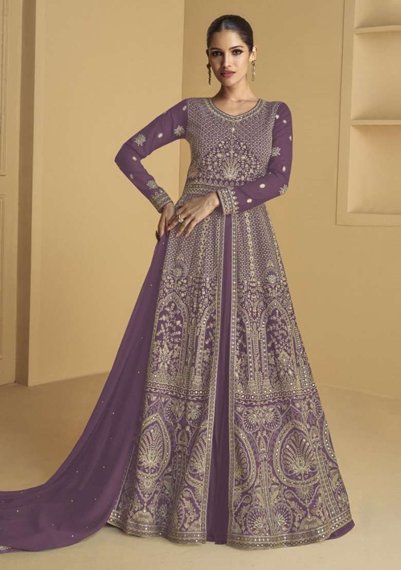 Purple Embroidery Georgette Anarkali set - Indya