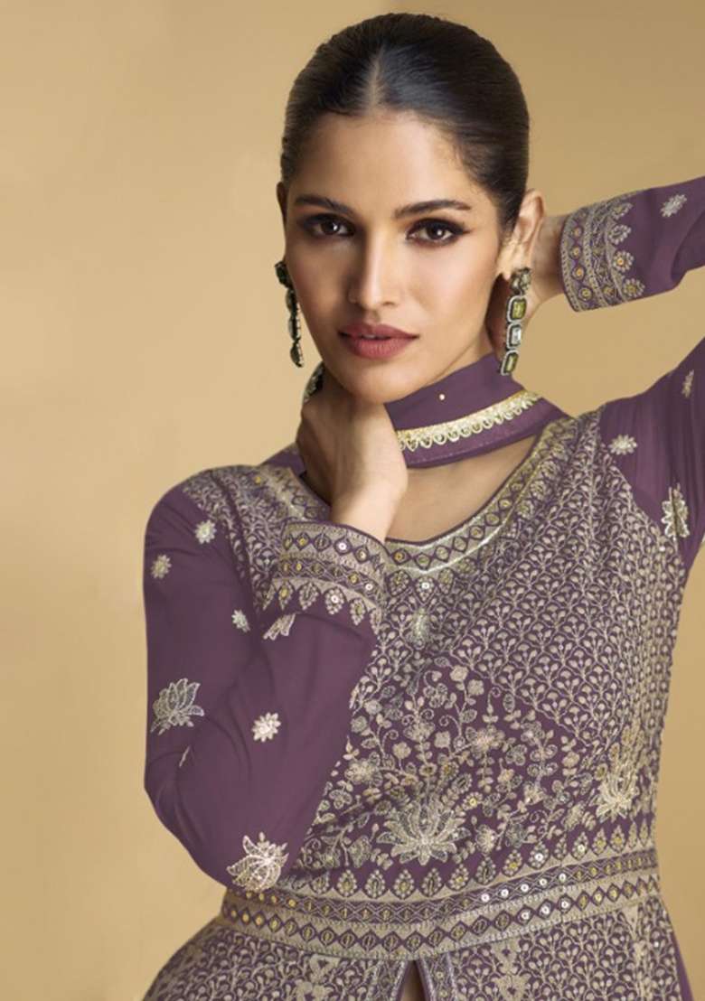 Purple Embroidery Georgette Anarkali set - Indya