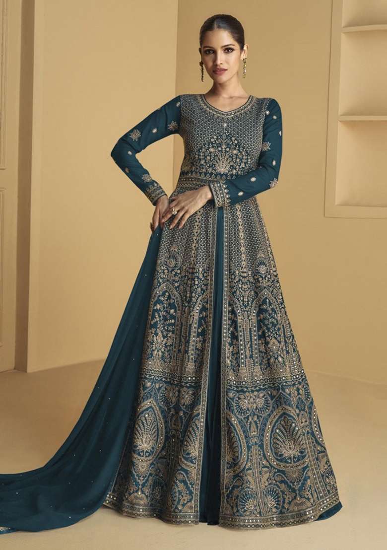 Teal Blue Embroidery Georgette Anarkali set - Indya