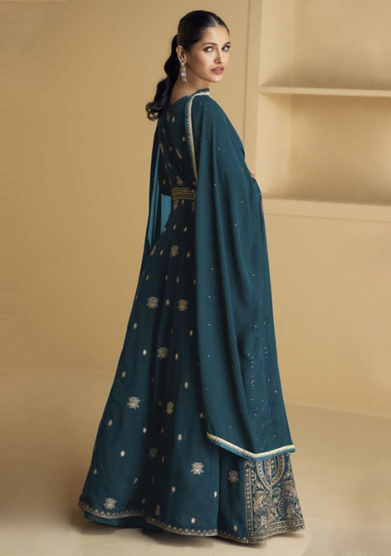 Teal Blue Embroidery Georgette Anarkali set - Indya