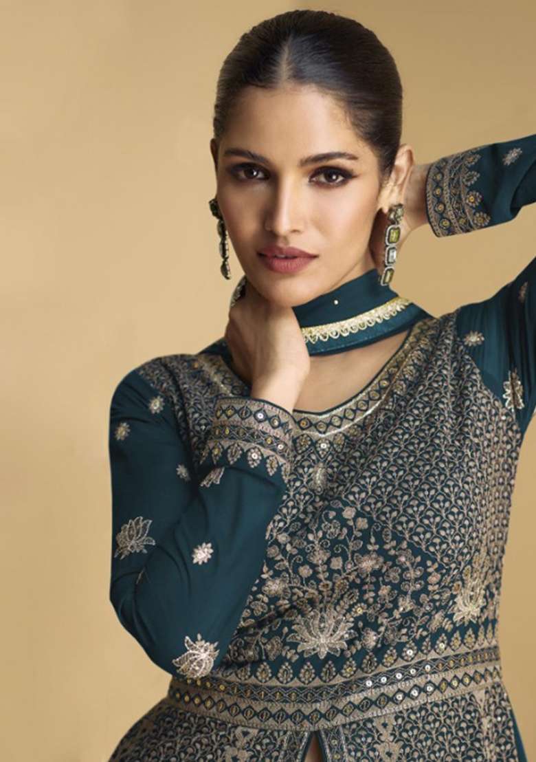 Teal Blue Embroidery Georgette Anarkali set - Indya