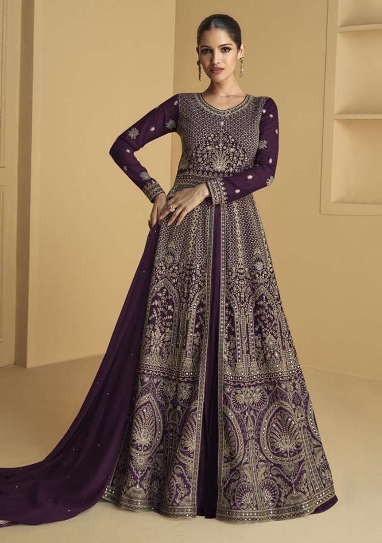 Wine Embroidery Georgette Anarkali set - Indya