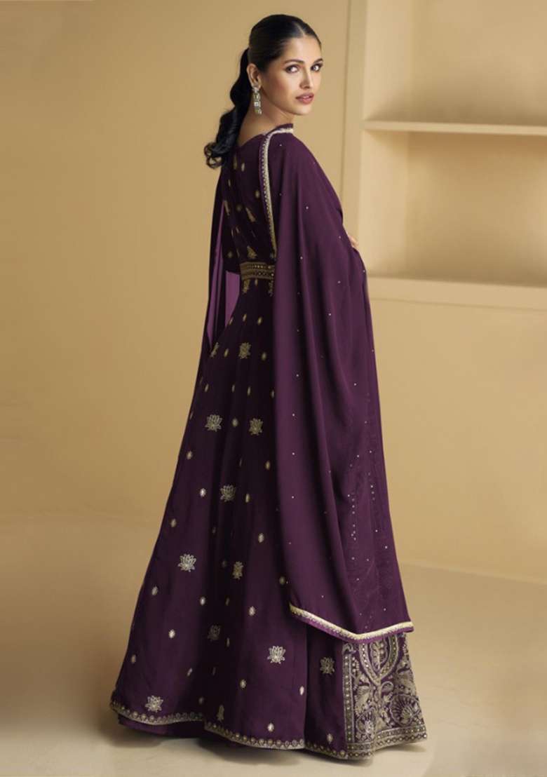 Wine Embroidery Georgette Anarkali set - Indya